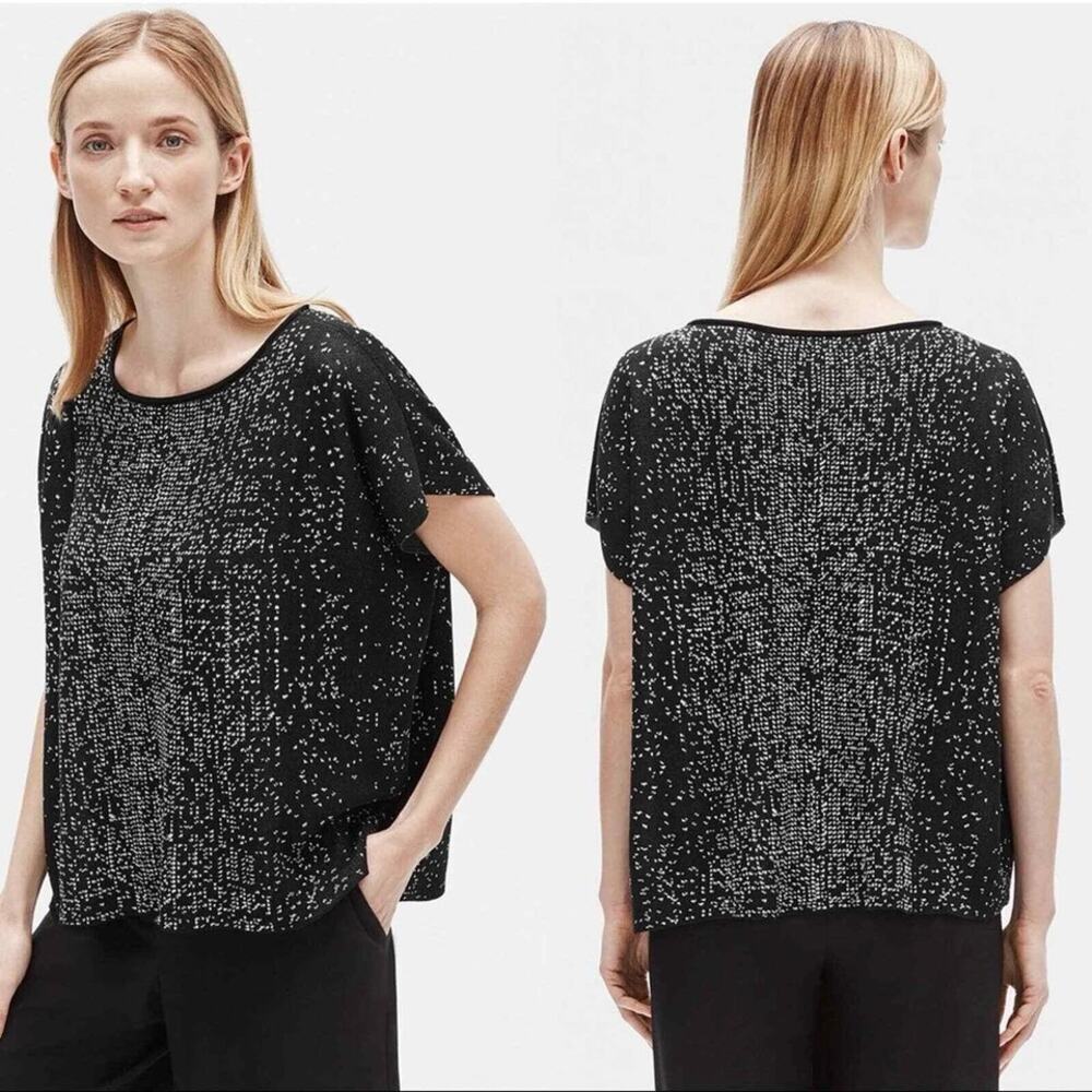 Eileen Fisher Tencel Lyocell Cap Sleeve Bateau Knit Top Black Speckled Women S/M